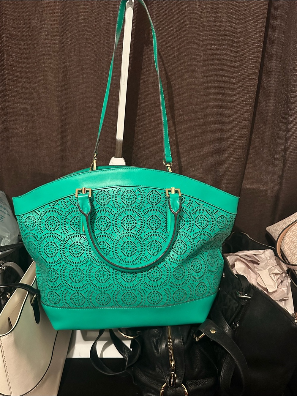 Teal Laser-Cut Circle Pattern Tote
